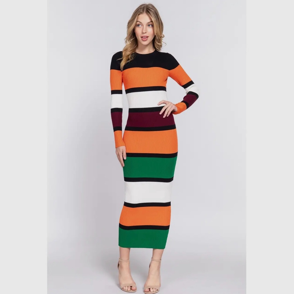 Women's Long Sleeve Midi Color Block Sweater Dress - Picture 3 of 4